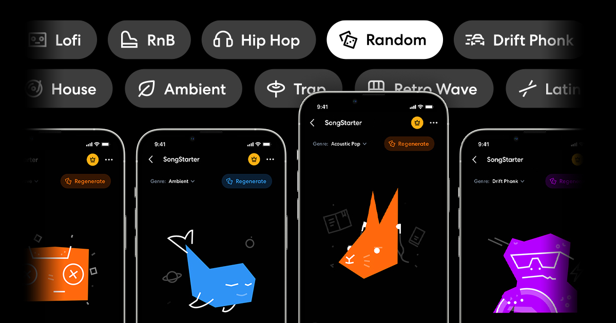 Screenshot of SongStarter by BandLab, AI song idea generator that seeds royalty-free beats and melodies